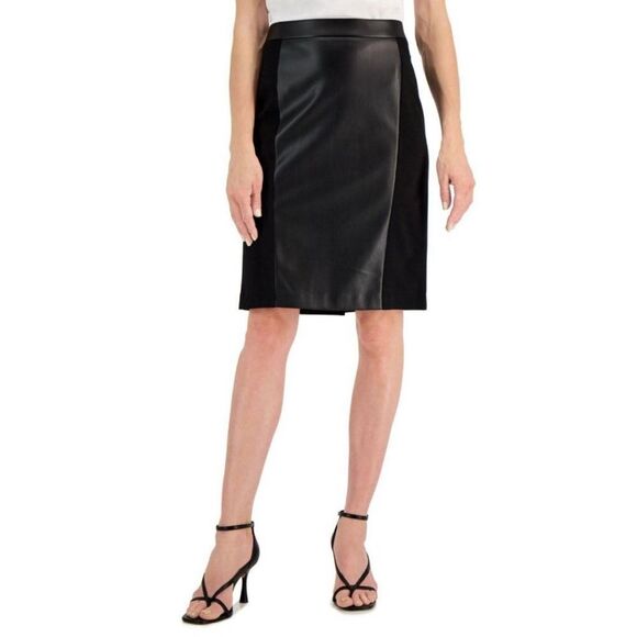 NWT Kasper | Black Faux Leather Front Panel Stretch Pencil Skirt - Picture 1 of 5
